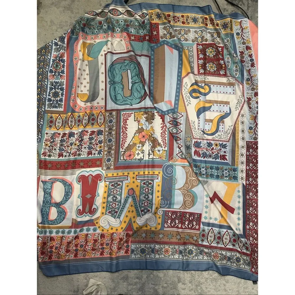 Bimba y Lola 100% Silk Alphabet Letter Print Square Scarf Floral Multicolor